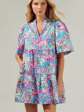 Sugarlips Split Neck Shift Dress Floral Summer and Spring